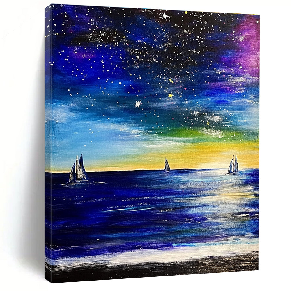 Large abstract painting depicting the ocean with sailboats and a starry sky featuring expressive brush strokes in vibrant colors.STSC851