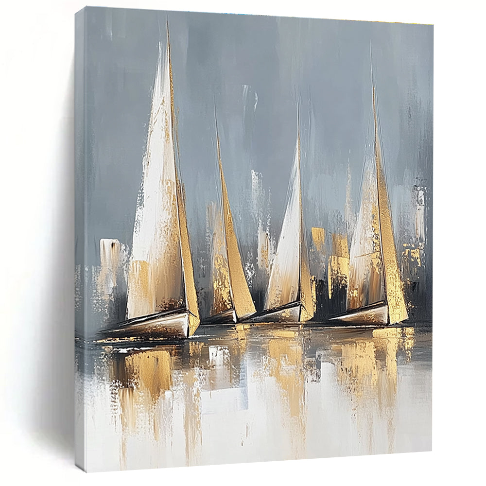 Large abstract painting featuring sailboats in neutral colors with gold accents and a serene water reflection on a white background.STSC460