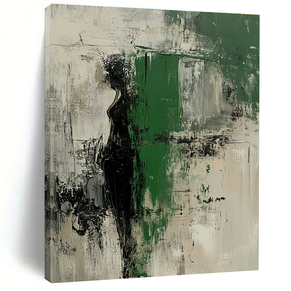 Black Green and Gray Abstract Painting with Enigmatic Forms GER526