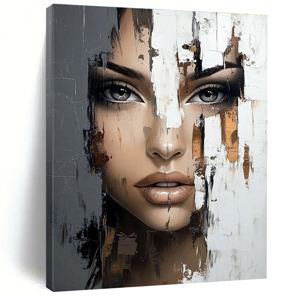 Large abstract painting featuring a woman's face with brushstrokes reflecting the world outside using a rich palette of gray beige and brown.STSC902