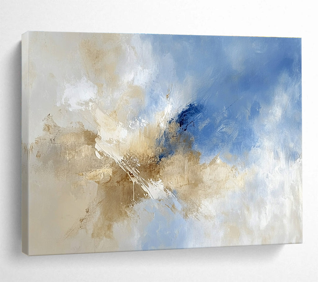 Large abstract painting featuring blue and beige hues with clouds in the sky, blending earthy tones of brown for a serene atmosphere.SC020
