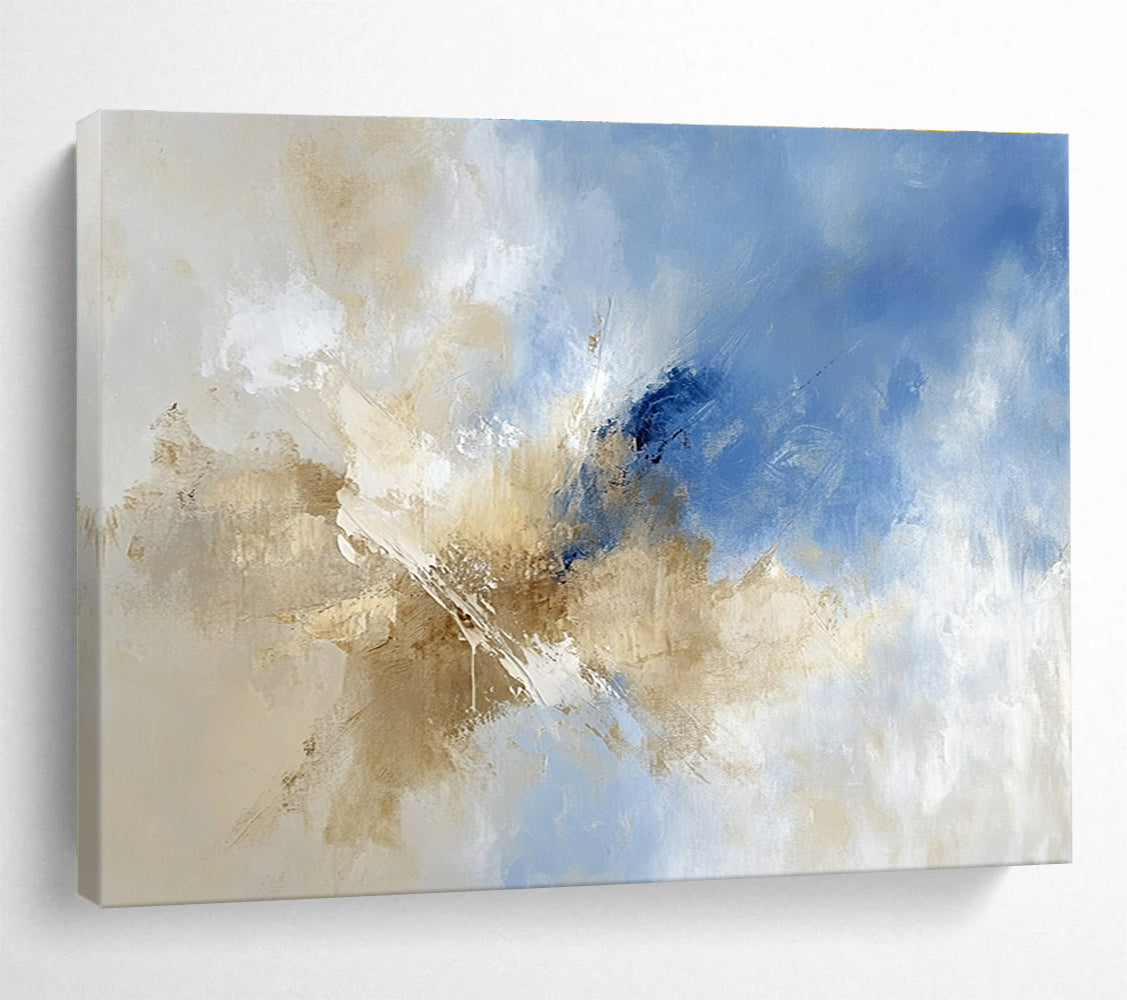 Large abstract painting featuring blue and beige hues with clouds in the sky, blending earthy tones of brown for a serene atmosphere.SC020