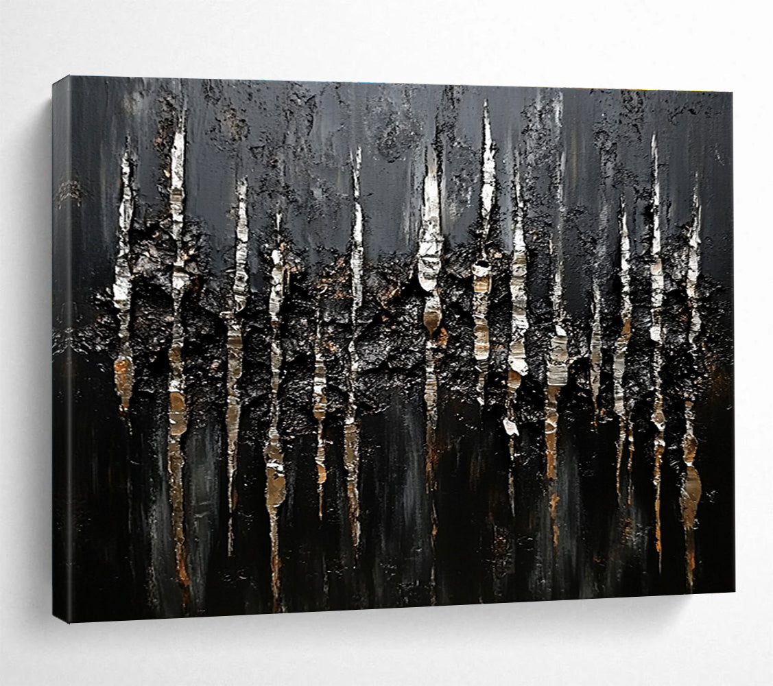 Black and Silver Textured Abstract Painting with Dripping Effects DYP180