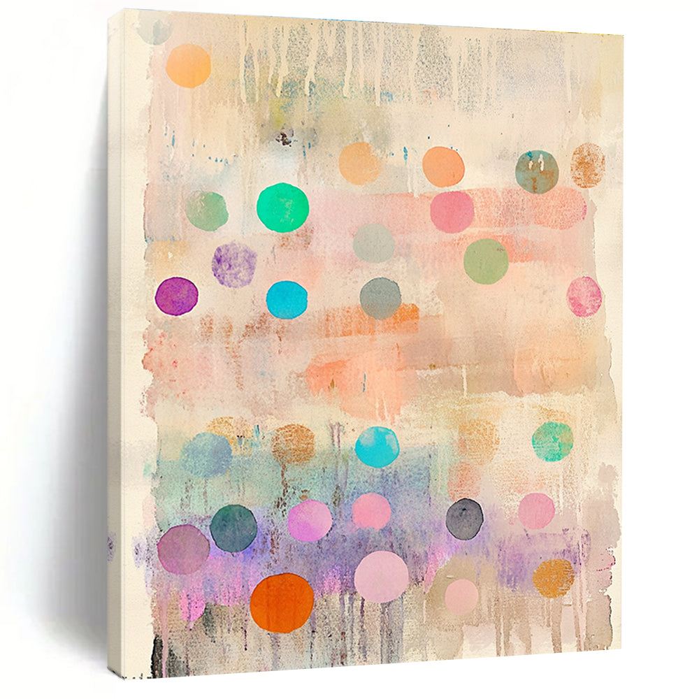 Large abstract painting featuring delicate pastel colors with whimsical round shapes and vibrant polka dot stripes creating an organic depth and dreamy quality.STSC1043