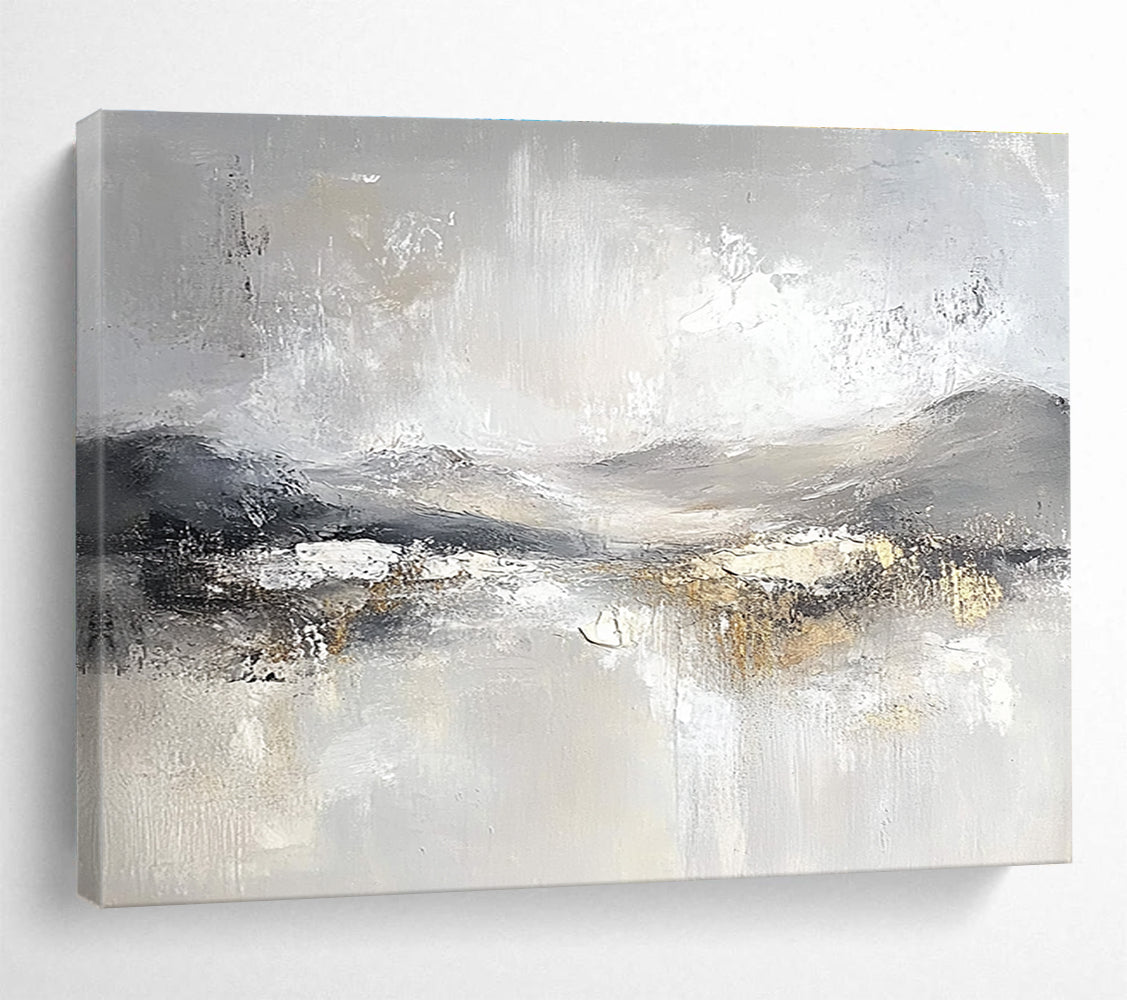 Large abstract painting featuring soft gray and white tones with subtle textures of snow-covered hills and ethereal clouds for a calming atmosphere.SC083