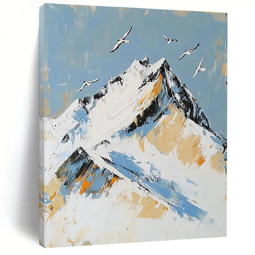 Large Abstract Painting featuring Snowy Mountain Peak with Birds in Flight accented with Gold in Elegant White and Blue Tones.STSC1365