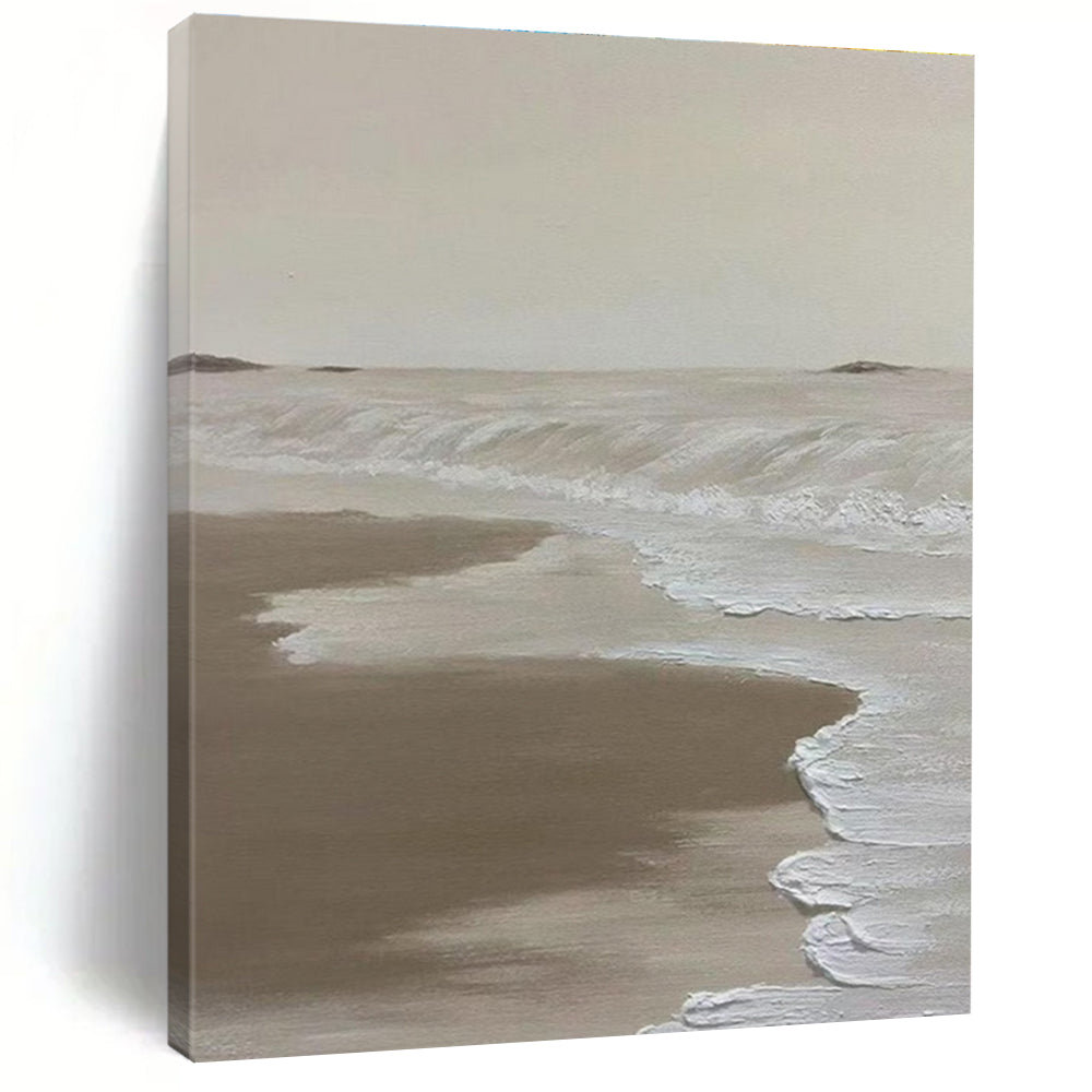 Beige and White Seaside Abstract Painting with Textured Waves ADGE521