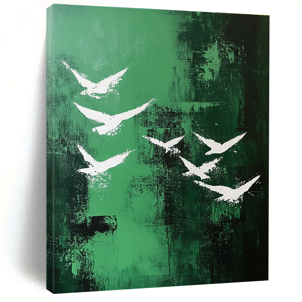 Abstract painting featuring white birds soaring over a vibrant emerald green landscape in a minimalistic style.STSC362