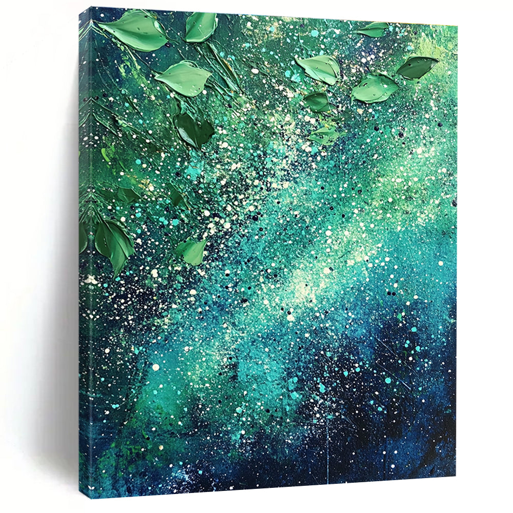 Large abstract painting of the Milky Way featuring vibrant green and blue hues with white speckles and scattered leaves for texture and cosmic beauty.STSC065