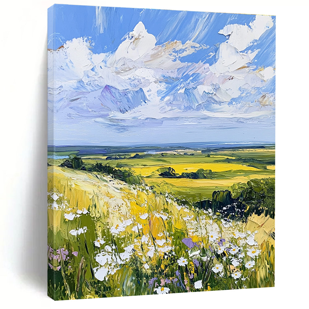 Large abstract painting of the English countryside featuring daisies under a vivid blue sky with fluffy white clouds in a whimsical style.STSC898
