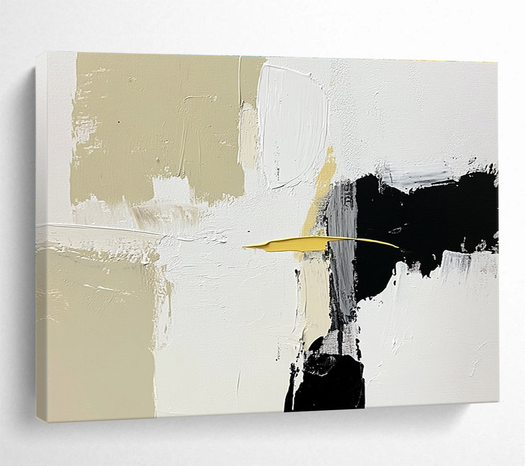 Large abstract painting featuring white beige and black shapes with brush strokes and a small yellow line on an off-white background.SC206