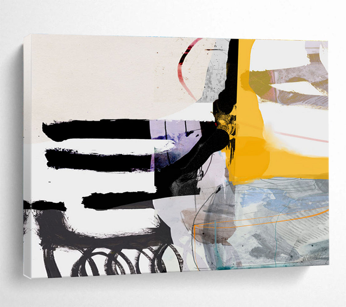 Colorful Mixed - Media Abstract Painting with Black Yellow and Purple THY112
