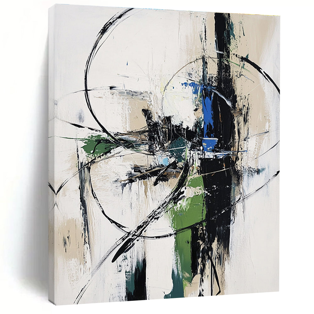 Large abstract painting in white gray and blue tones with a futuristic machine in an urban landscape conveying movement and speed.STSC827