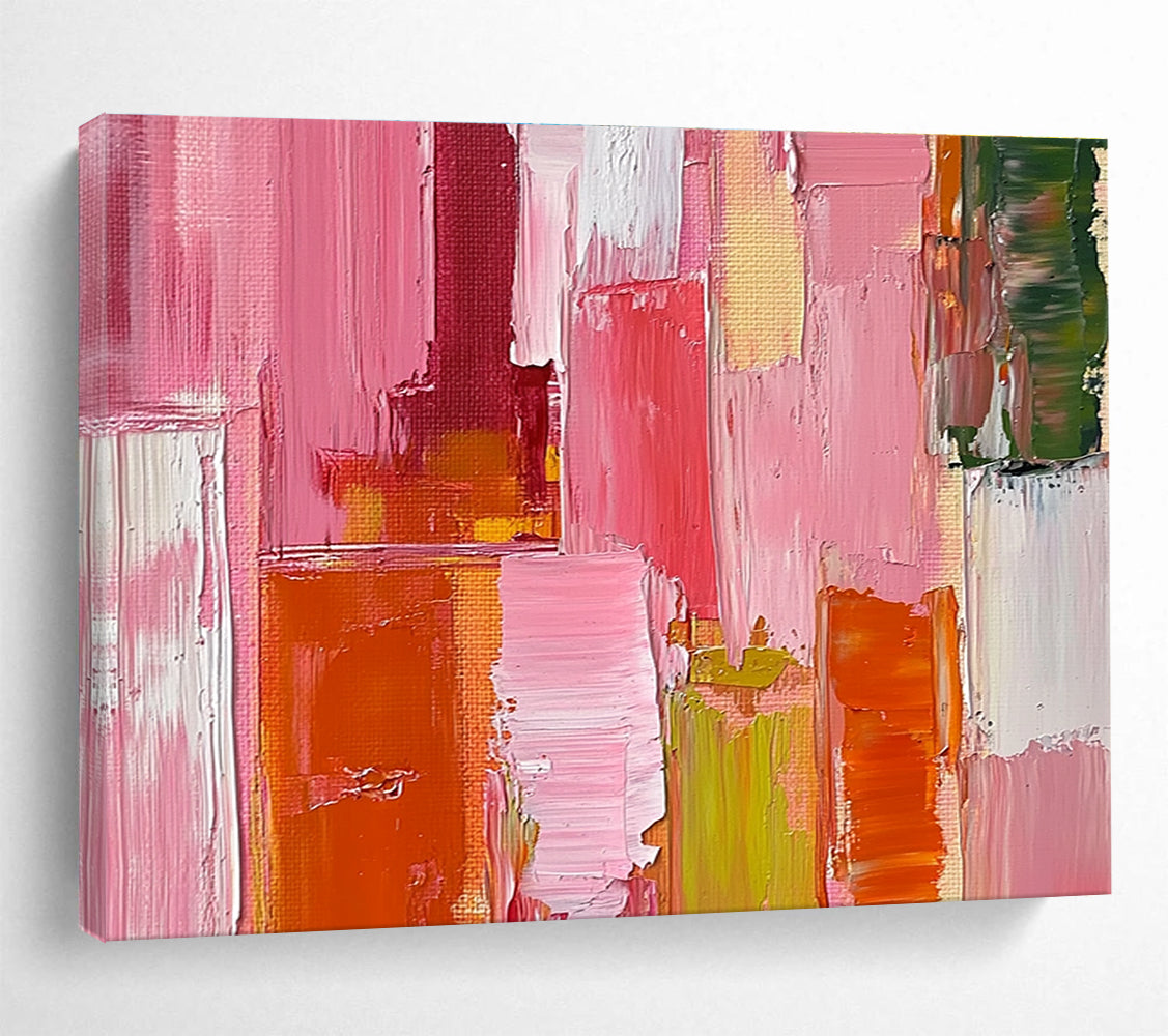 Large abstract oil painting featuring a pink orange and red cityscape with thick brush strokes and a soft impressionist style.SC118