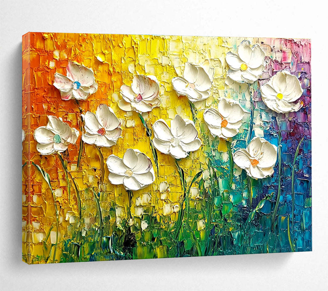 Textured White Flowers Abstract Painting with Colorful Background DYP430