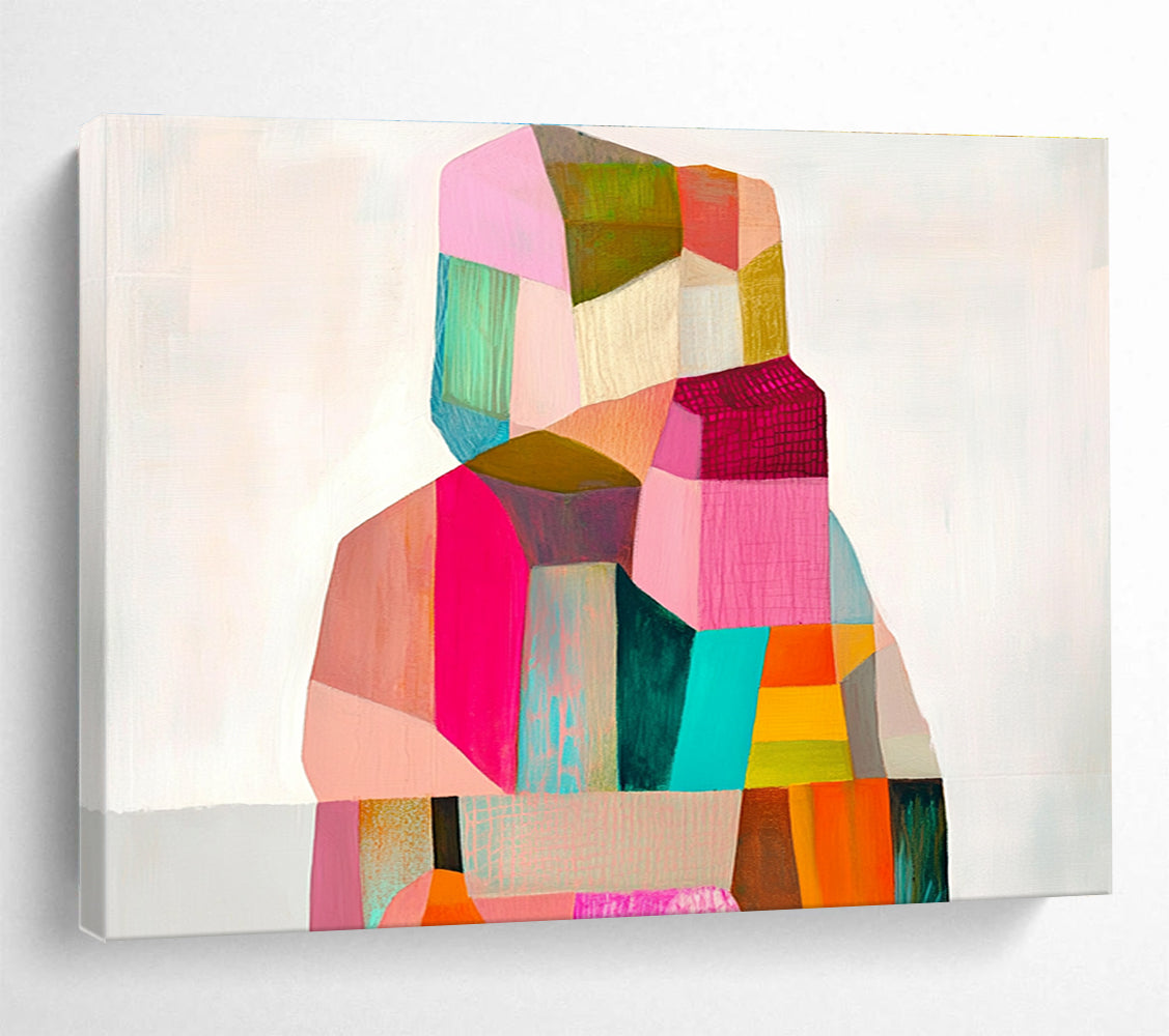 A large abstract painting with geometric shapes in pastel tones capturing the essence of the body against a soft white background.SC354
