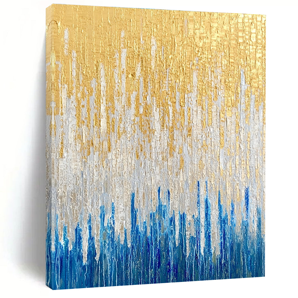Large abstract oil painting featuring golden blue and white vertical lines against a textured neutral background.STSC163