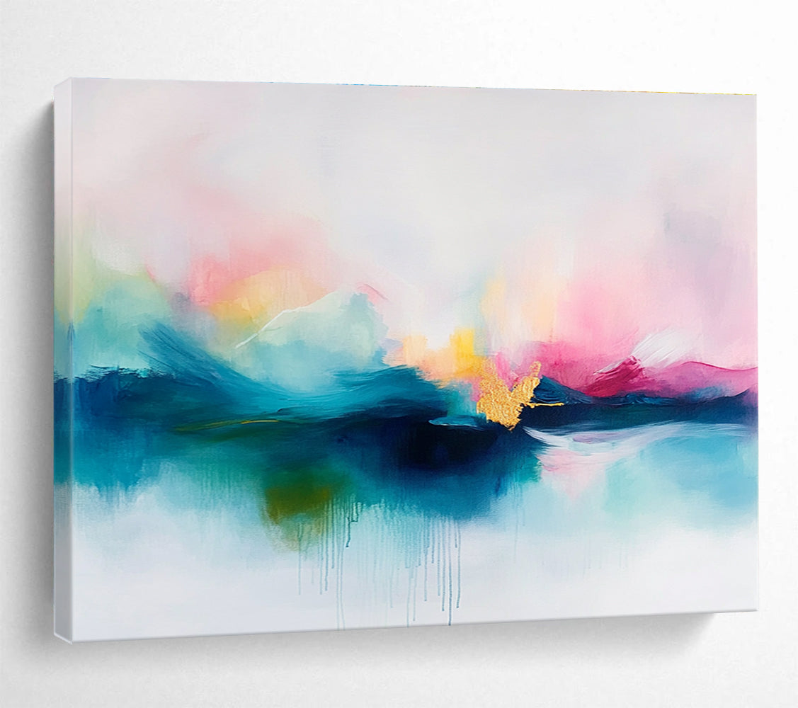 A large abstract painting featuring soft pastel colors in pinks and blues with delicate gold accents on a serene white background.SC383