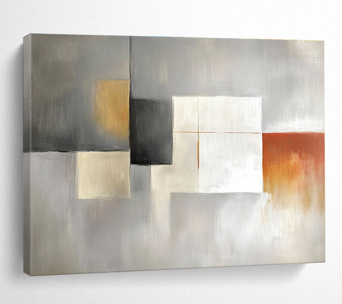 Large abstract painting in light gray, white, and amber featuring simple shapes in a minimalistic modern art style.SC378