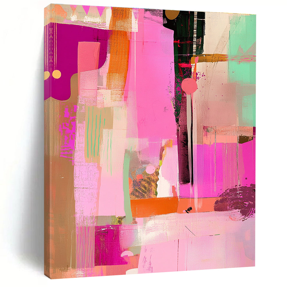 Large abstract artwork featuring pink tones with a collage of lines and shapes that adds a unique flair to any space.STSC525