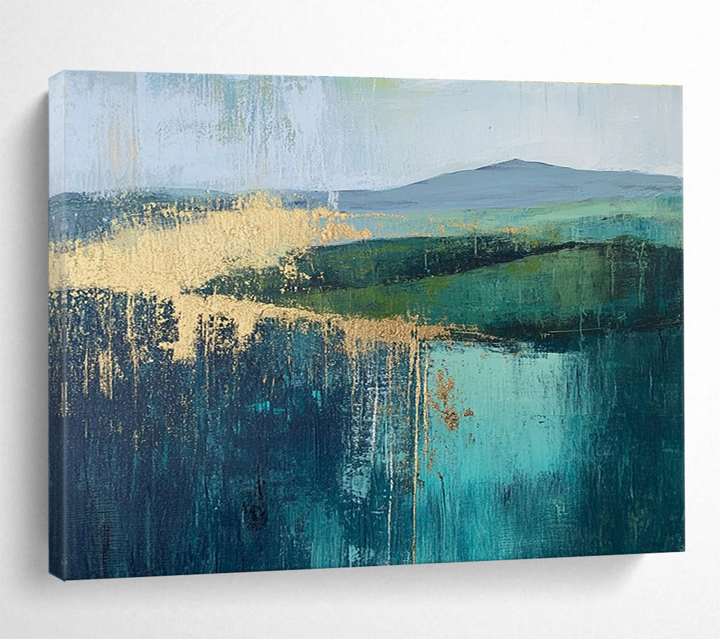 Large abstract painting featuring vibrant greens and blues with gold foil accents inspired by [Artist name].SC315