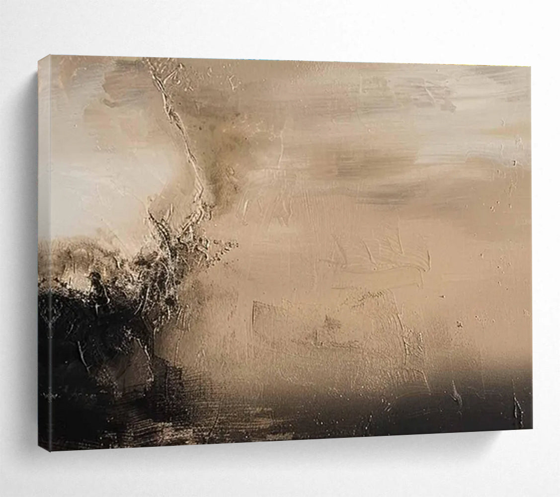 Beige Black Abstract Painting with Subtle, Contrasting Textures THY394