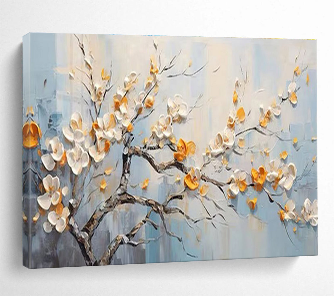 Flowering Tree Abstract Painting with White, Orange, and Blue Tones THY202