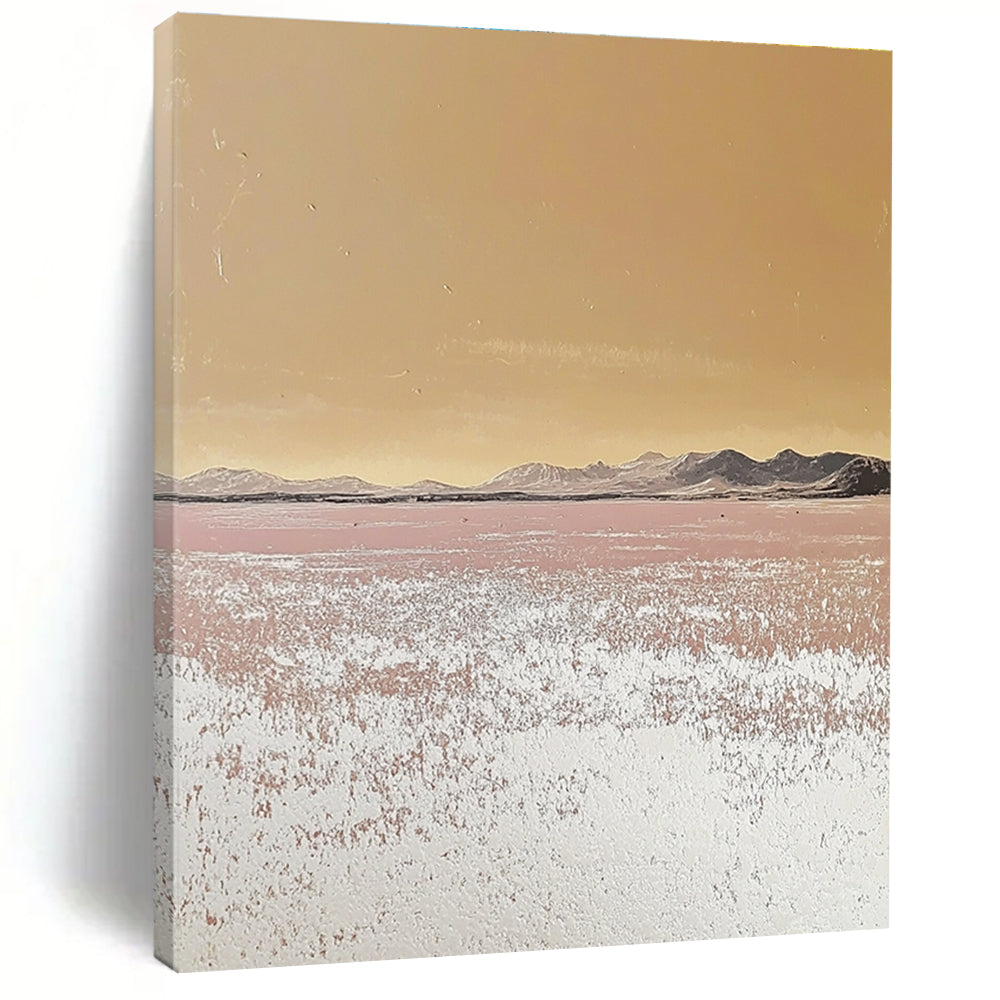 Large abstract painting depicting a serene desert landscape with pastel tones and a textured surface showcasing an endless sea of salt crystals.STSC979