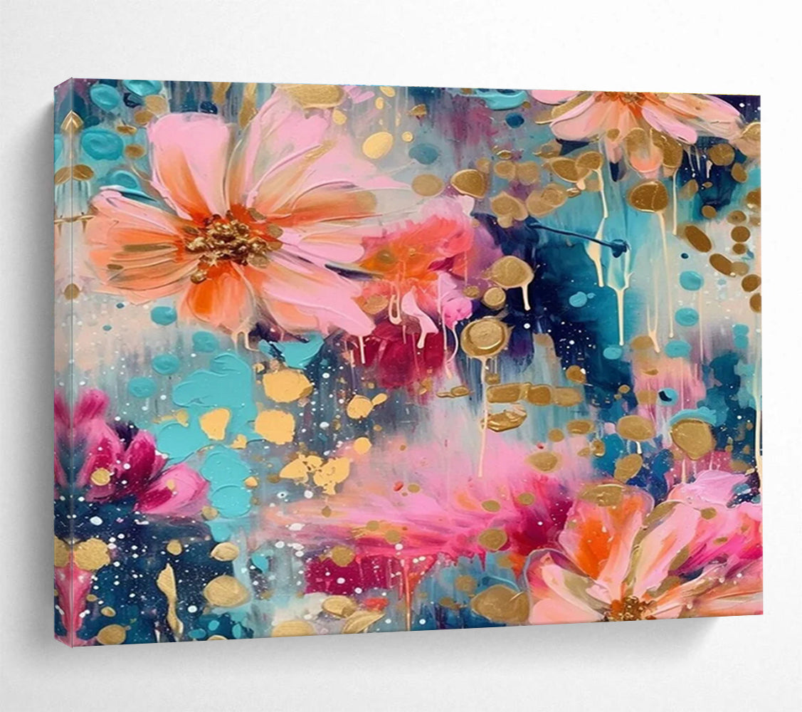 Floral Fantasy Abstract Painting with Pink, Blue, and Gold Accents THY289