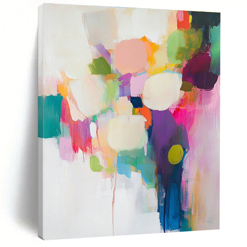 Large abstract painting featuring vibrant brush strokes on a white background with soft colors and dynamic composition in light pink turquoise blue and lime green.STSC761