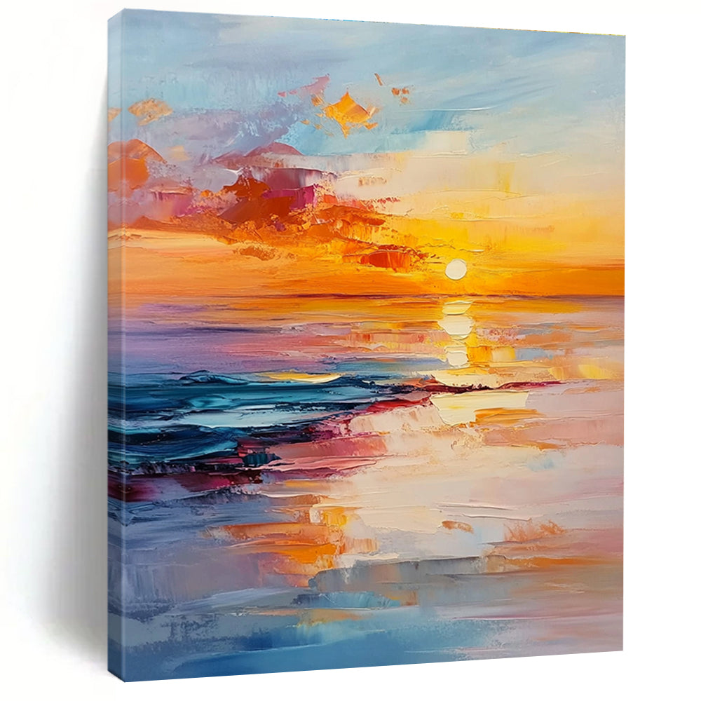 Abstract painting of a sunset over the ocean with vibrant orange and pink hues reflecting on serene waters conveying tranquility and harmony.STSC895