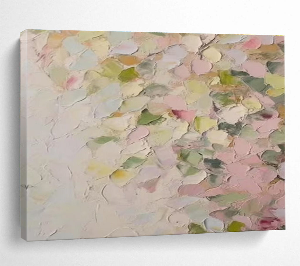 Pastel Petal Abstract Painting with Pink, Green, and Yellow Tones THY177