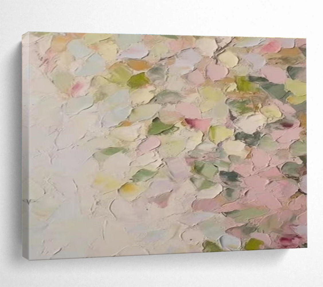 Pastel Petal Abstract Painting with Pink, Green, and Yellow Tones THY177