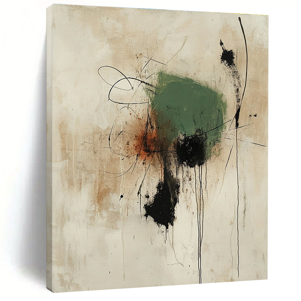 Large abstract painting featuring thick green shape with black accents and rust lines on an off-white background creating rich texture and depth.STSC1186