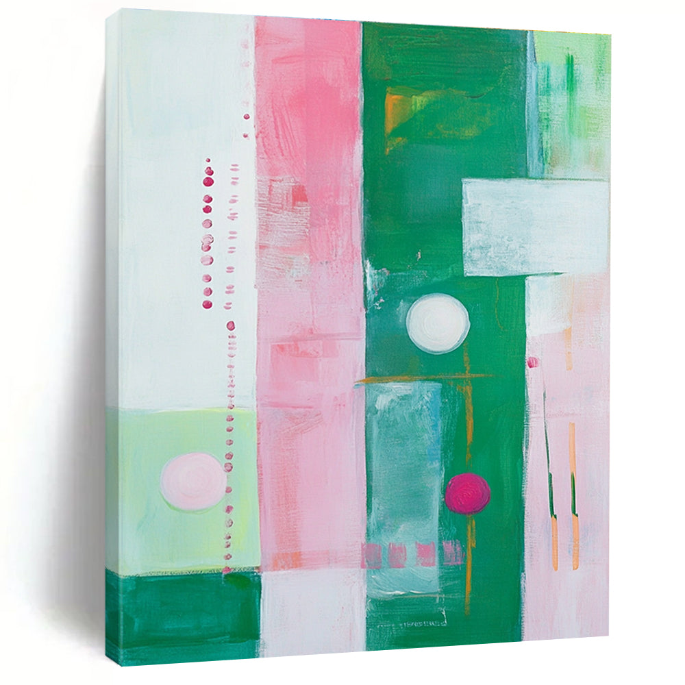 Large abstract painting featuring pink, green, and white stripes, circles, and squares inspired by Kathryn Statsny's style.STSC325