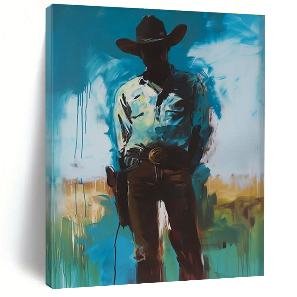 Silhouetted Cowboy in Blue Abstract Painting ADGE102