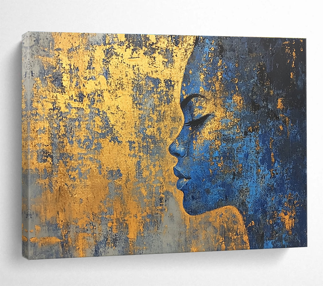 Large abstract painting of a golden city on textured canvas with a blue and gold palette featuring highlights of gold foil paint.SC171