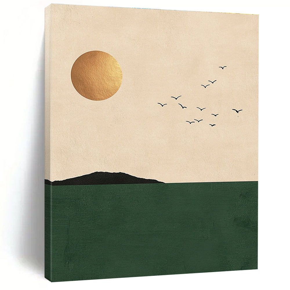 Large abstract painting featuring minimalist Japandi art with a sun and birds over a green sea in a neutral palette with gold accents.STSC1338