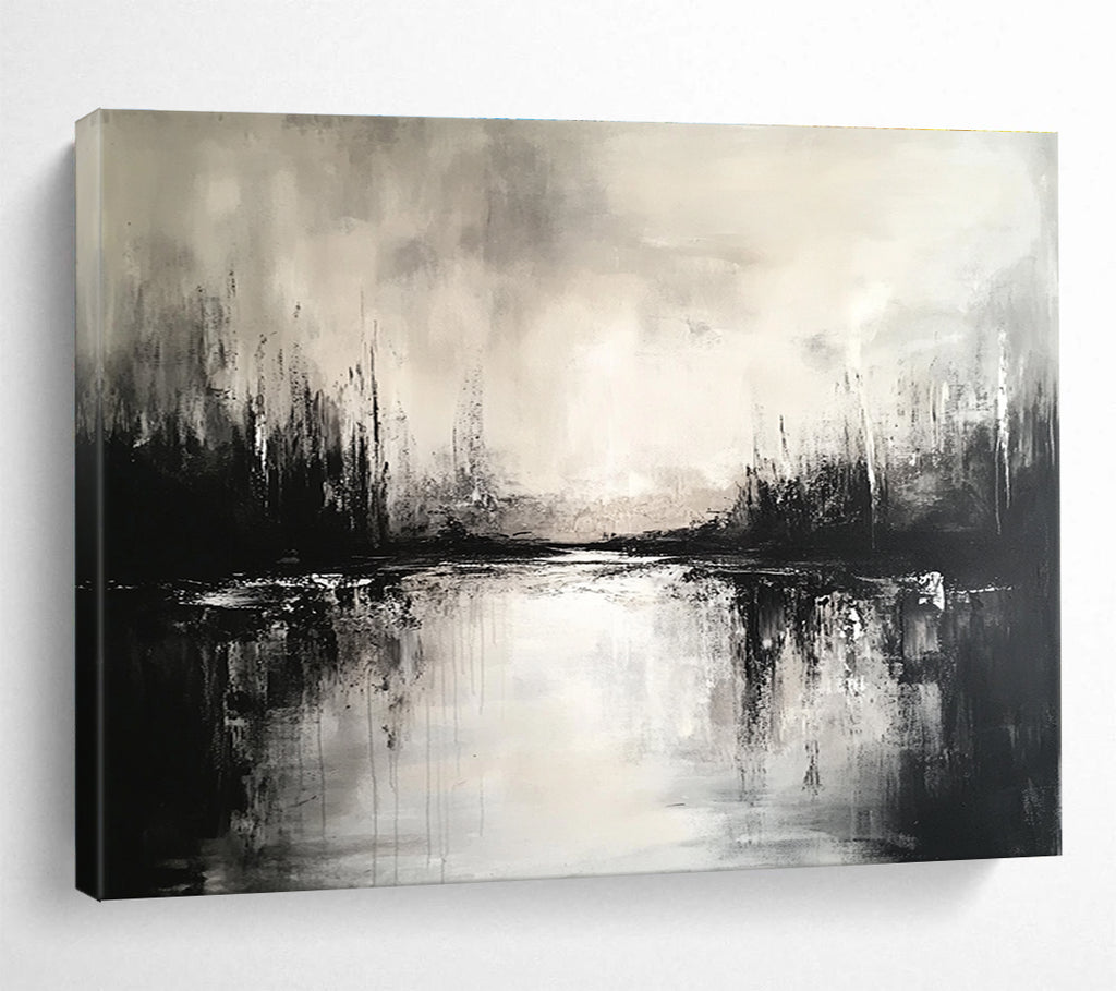 Large abstract painting featuring a black and white landscape with a serene lake and soft reflections, creating an atmospheric ambiance.SC011
