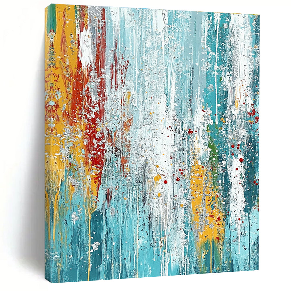 Large abstract painting on textured canvas featuring blue and teal hues with vibrant paint drips and dynamic brush strokes for an energetic feel.STSC719