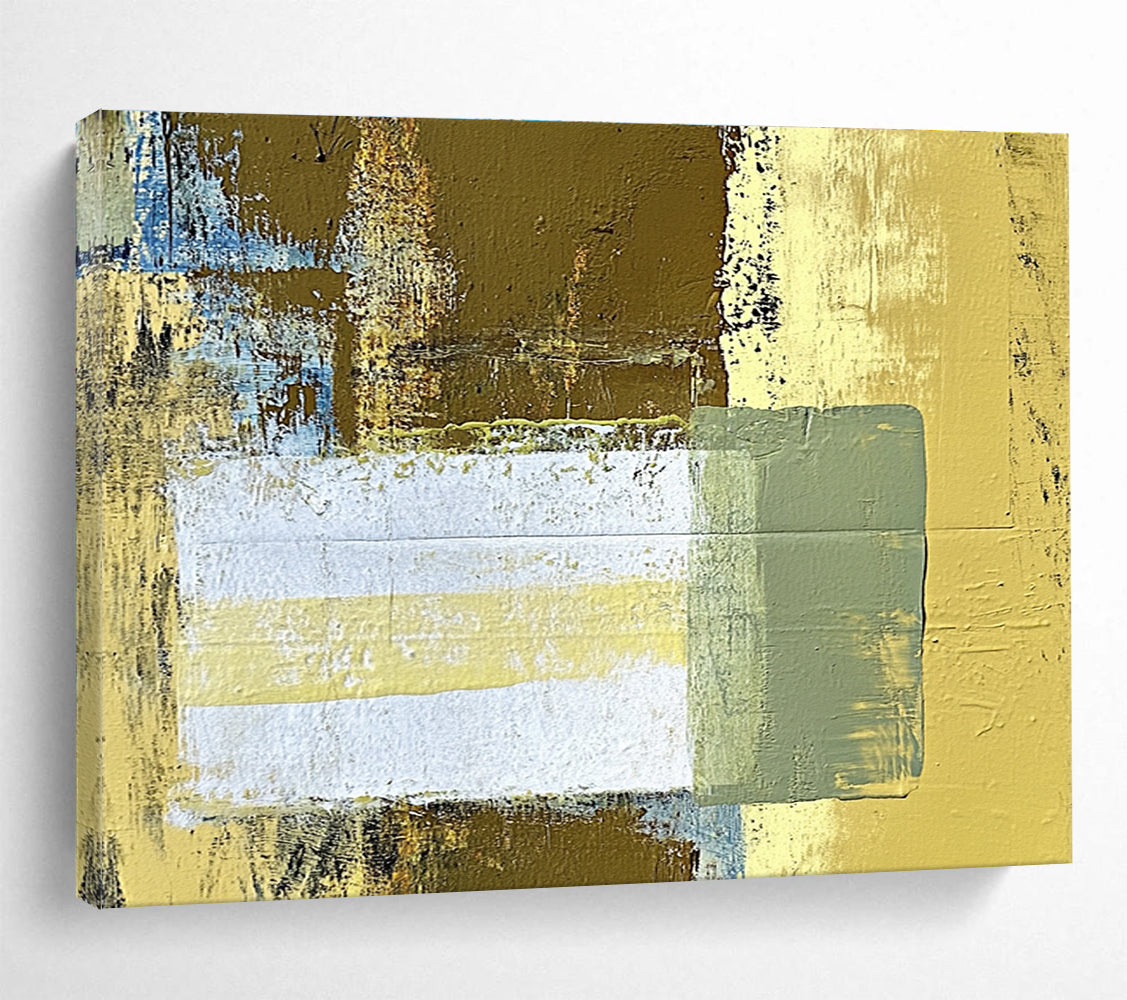Large abstract painting featuring beige and yellow tones with a central white rectangle and green stripe against a dark brown background.SC425