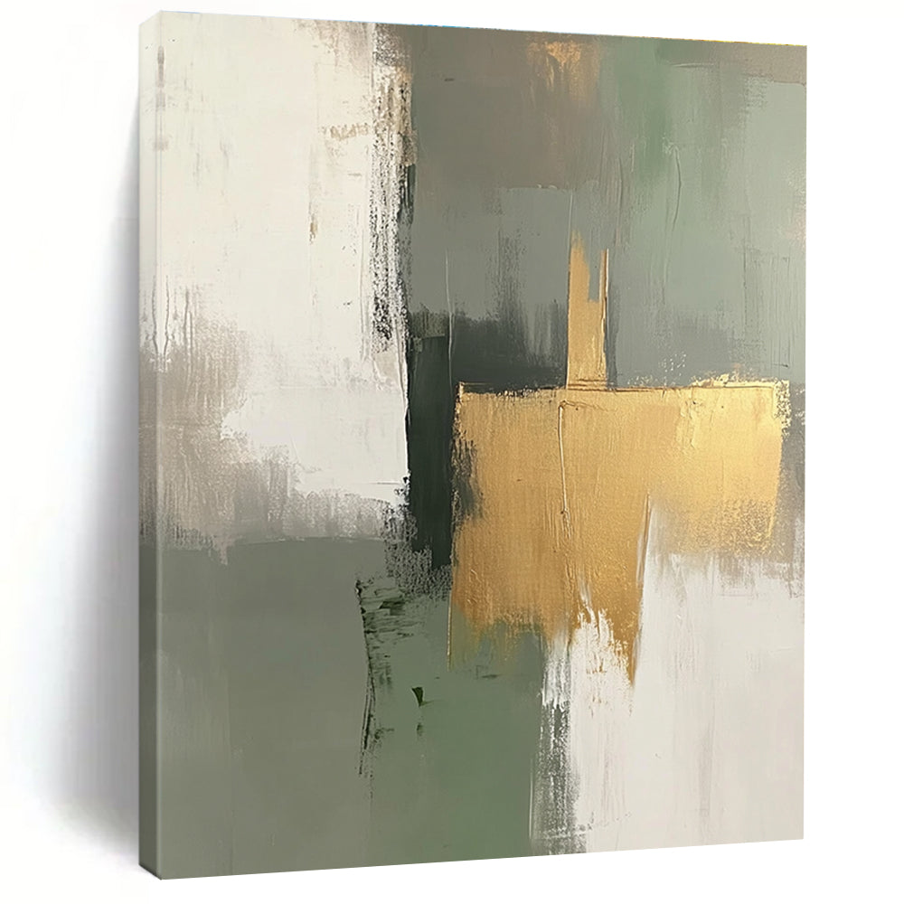 Green Gold and Gray Abstract Painting with Minimalist Geometry GER558