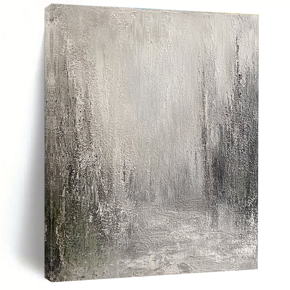 Large abstract painting featuring an atmospheric urban landscape in muted grey and white tones with heavy texture and a mysterious depth.STSC487