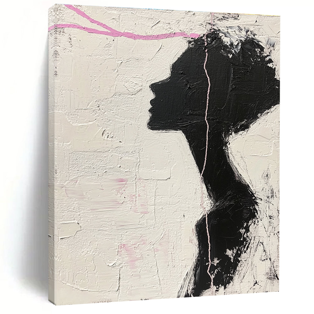Large abstract painting in black and white featuring a woman’s silhouette with pink accents enhancing her facial features against a textured background.STSC1091