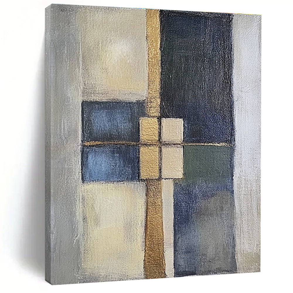 Blue Gold Abstract Painting with Structured Forms GER814