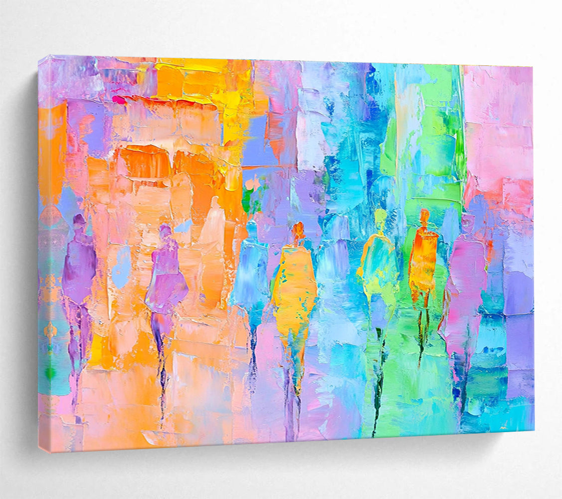 Large abstract painting of a parade featuring pastel colors and expressive brushstrokes in light blue pink green yellow and orangeSC177
