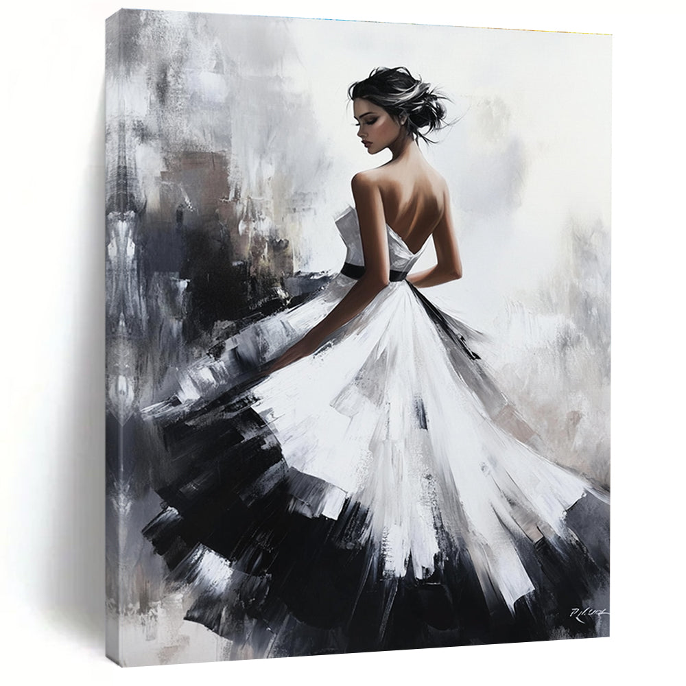 Large abstract oil painting of a beautiful woman in a white dress with a black skirt featuring exquisite details and soft lighting on a textured canvas.STSC1363