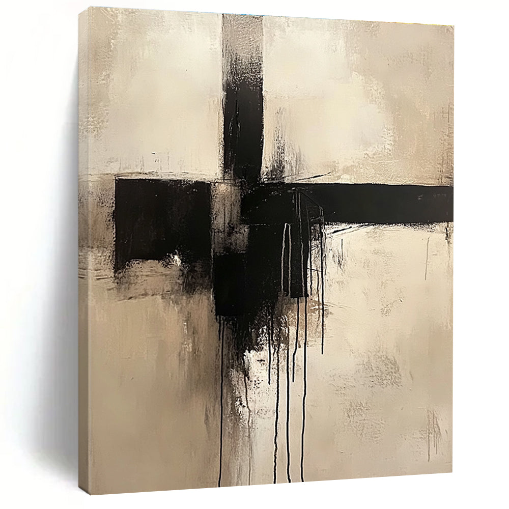 Large abstract painting of a cross in neutral colors featuring a minimalist style and dripping black paint.STSC669