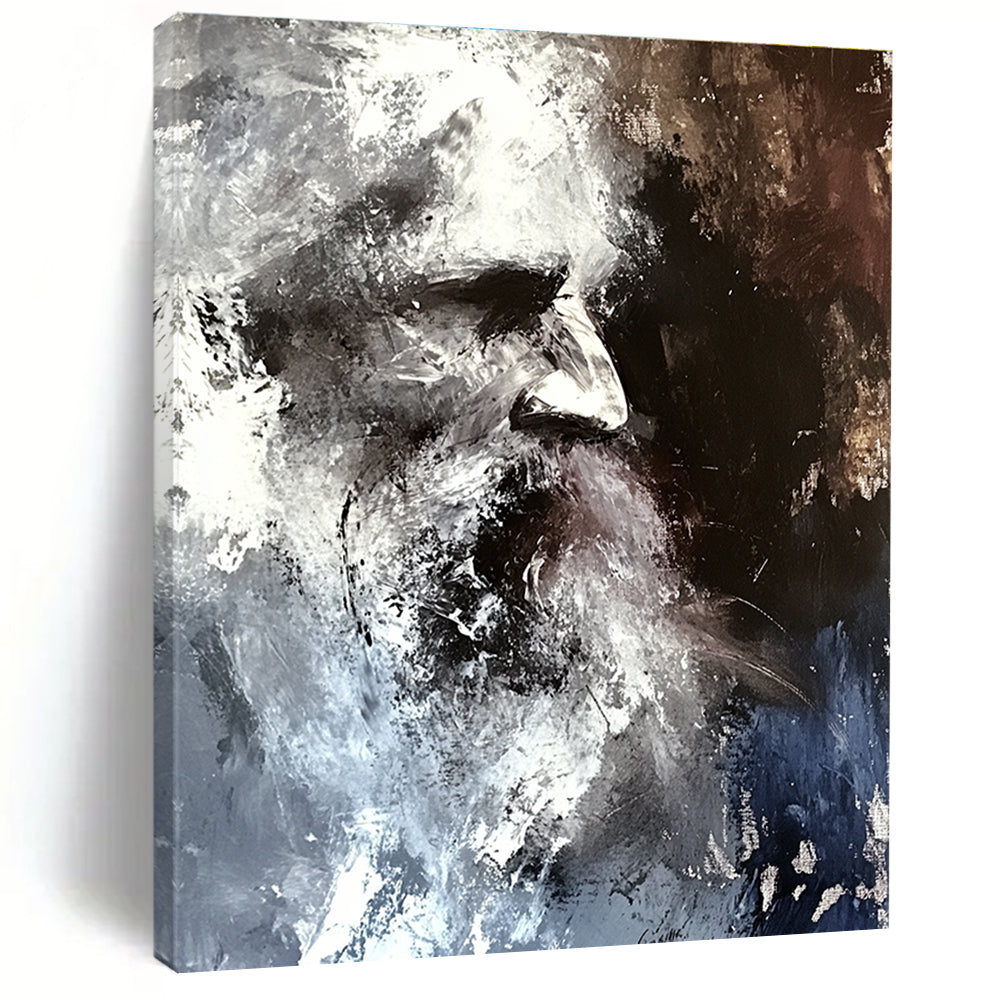 Large abstract painting in shades of grey and white featuring a blurred portrait of an old man with disheveled hair against a dark background.STSC229