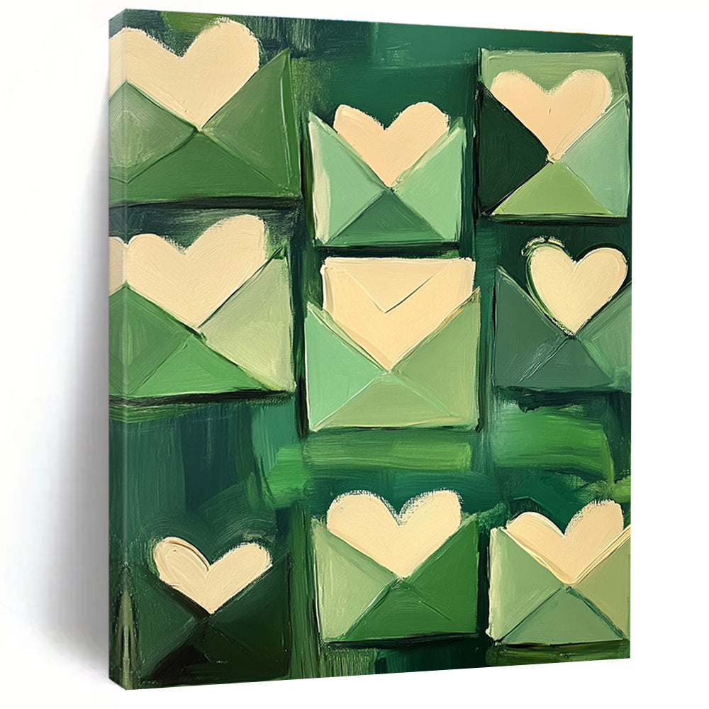 Abstract painting of green envelopes with love letters in shades of emerald and soft pink creating a romantic impressionist atmosphere.STSC1391